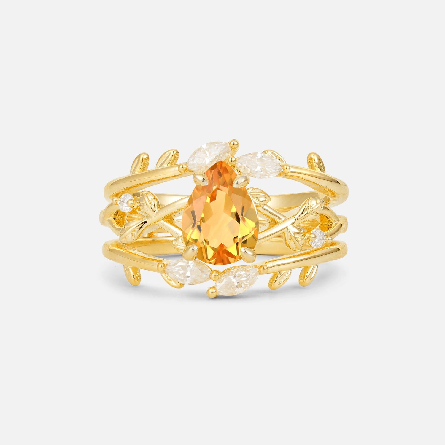 Pear Cut Citrine Leaf Vine Bridal Ring Set - Yellow-Gold
