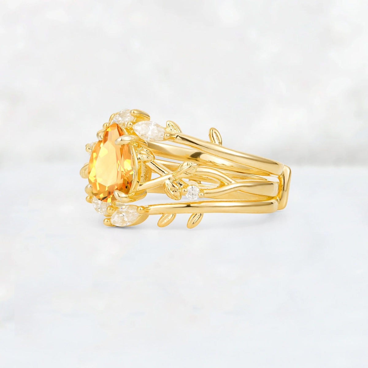 Pear Cut Citrine Leaf Vine Bridal Ring Set - Rose-Gold