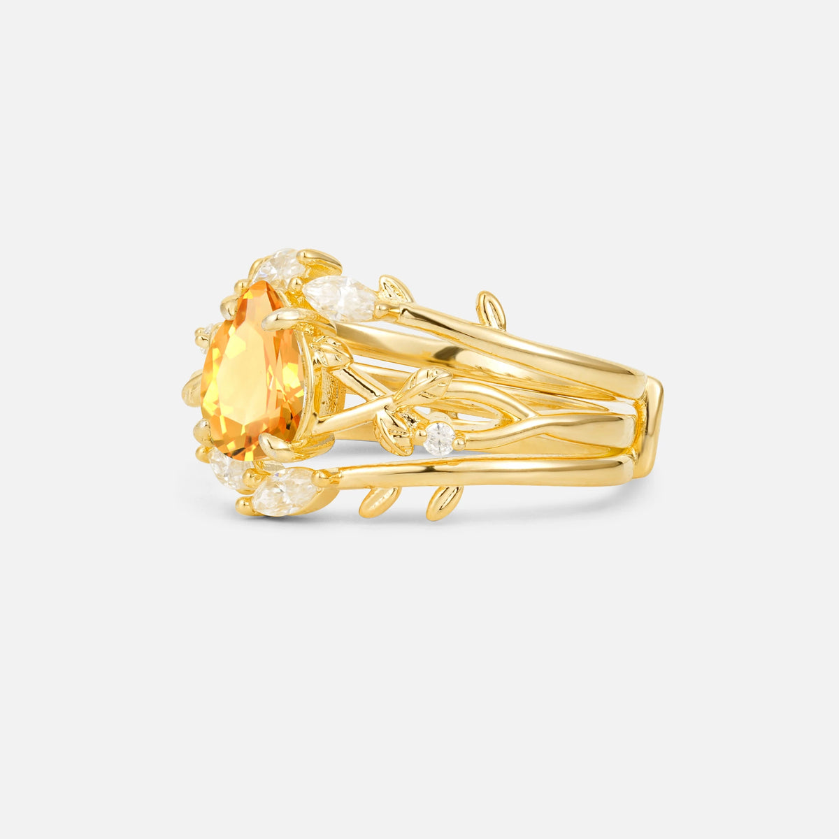 Pear Cut Citrine Leaf Vine Bridal Ring Set - Rose-Gold