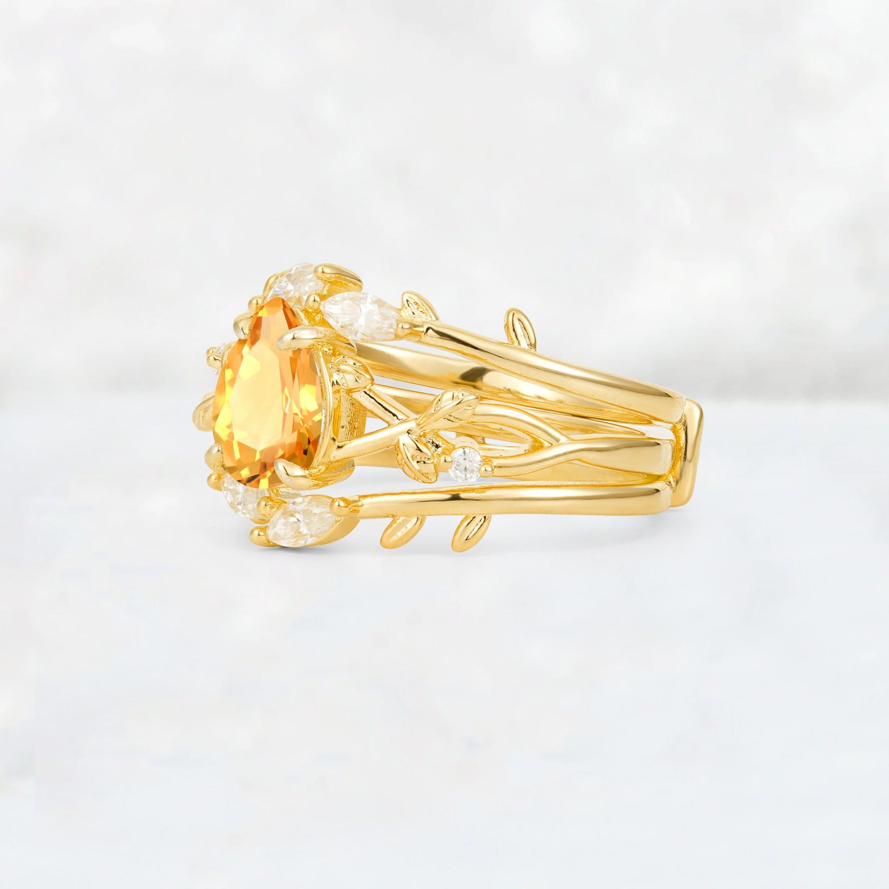 Pear Cut Citrine Leaf Vine Bridal Ring Set - Rose-Gold