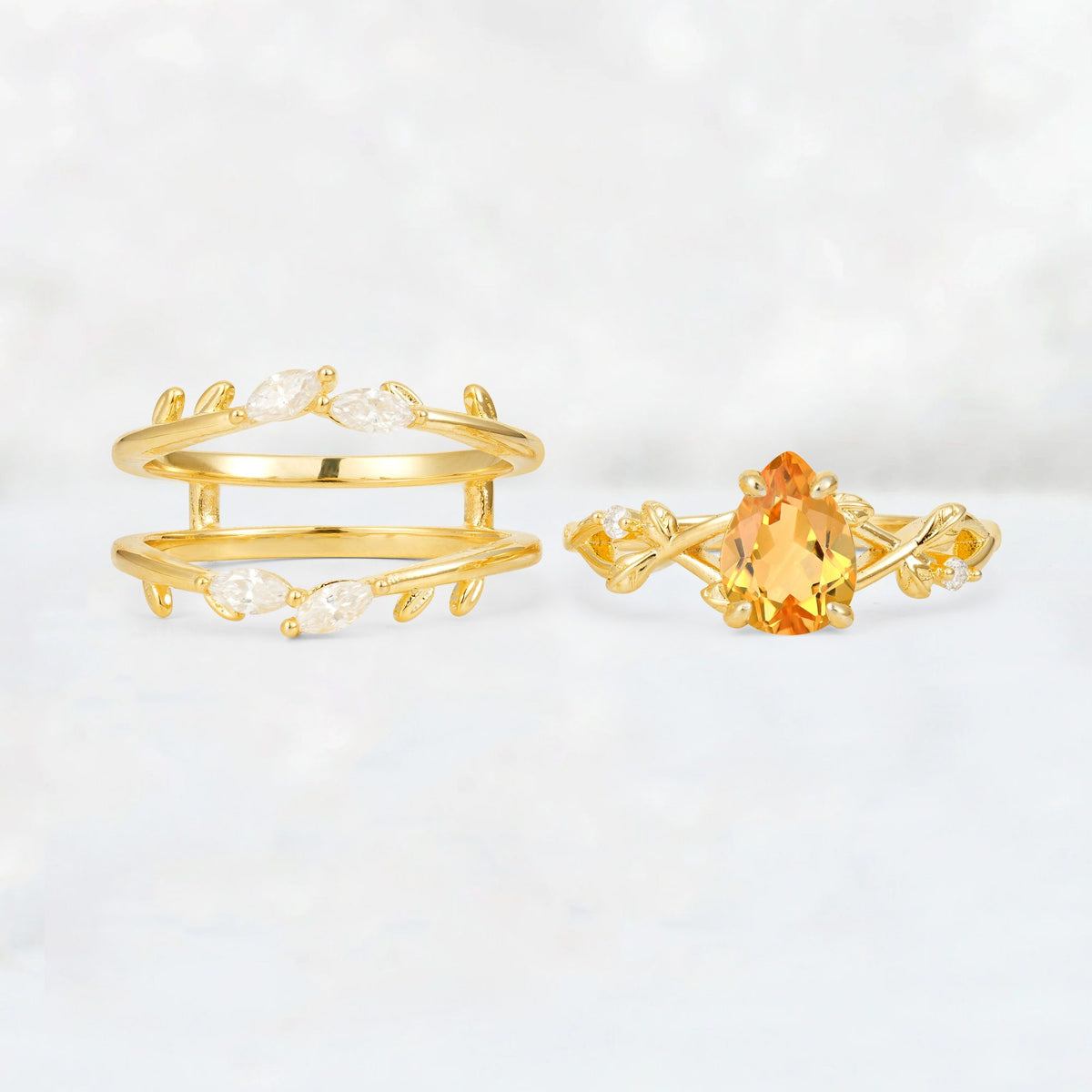 Pear Cut Citrine Leaf Vine Bridal Ring Set - White-Gold