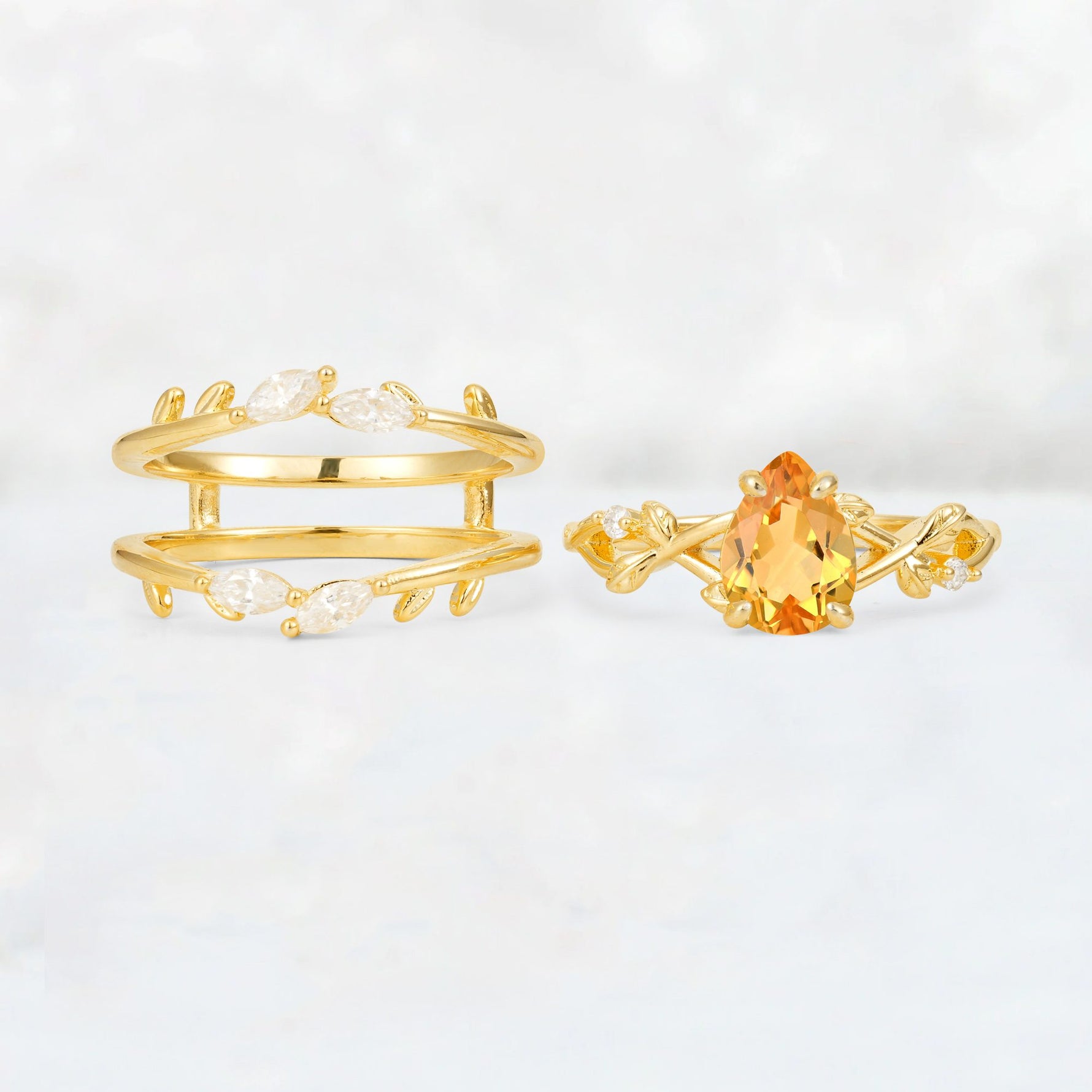 Pear Cut Citrine Leaf Vine Bridal Ring Set - White-Gold