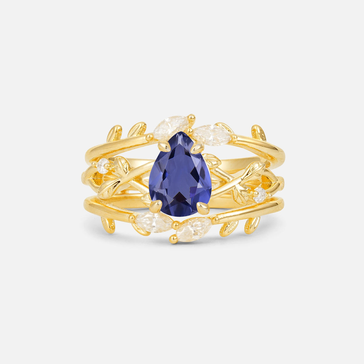 Pear Cut Tanzanite Leaf Vine Bridal Ring Set - Yellow-Gold