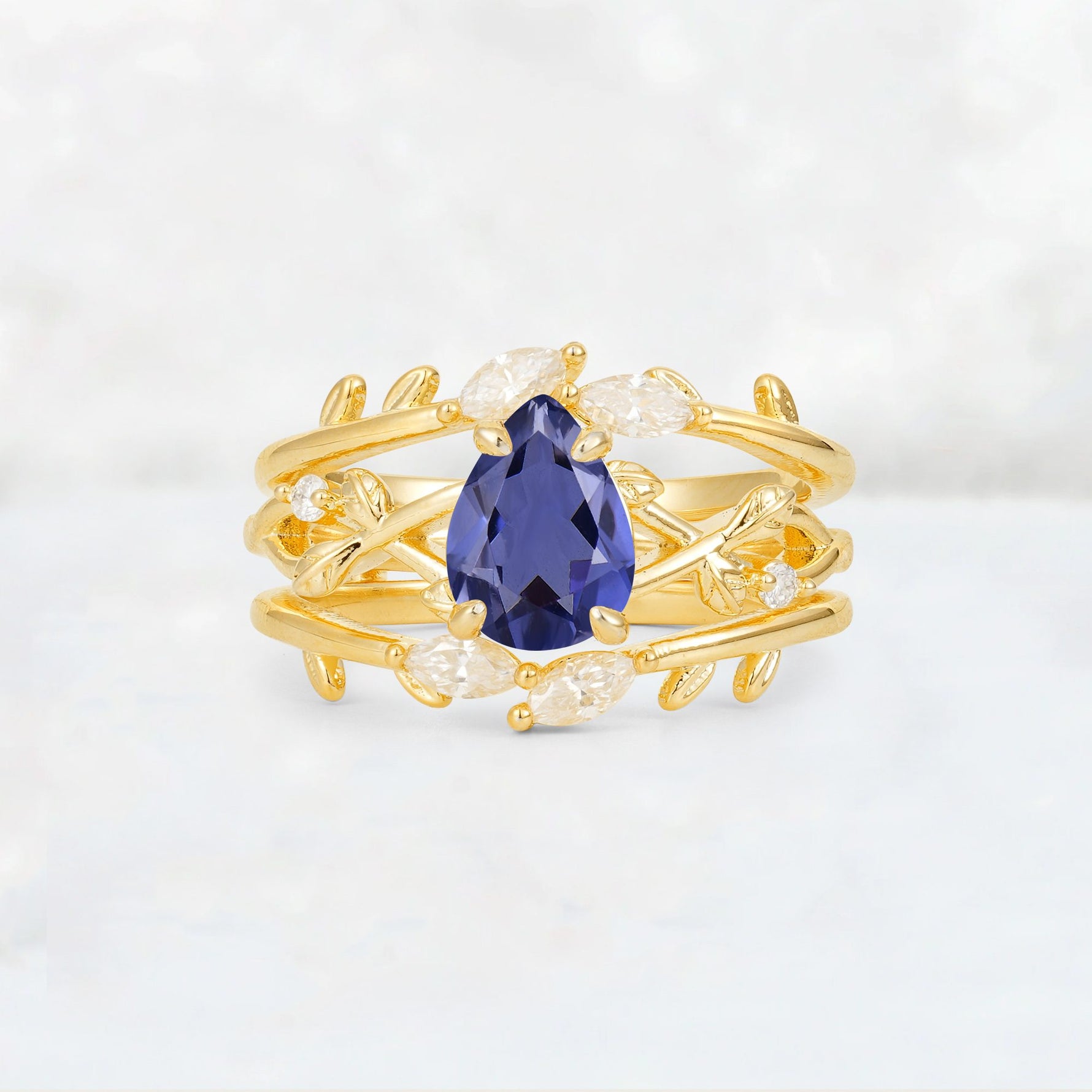Pear Cut Tanzanite Leaf Vine Bridal Ring Set - Yellow-Gold
