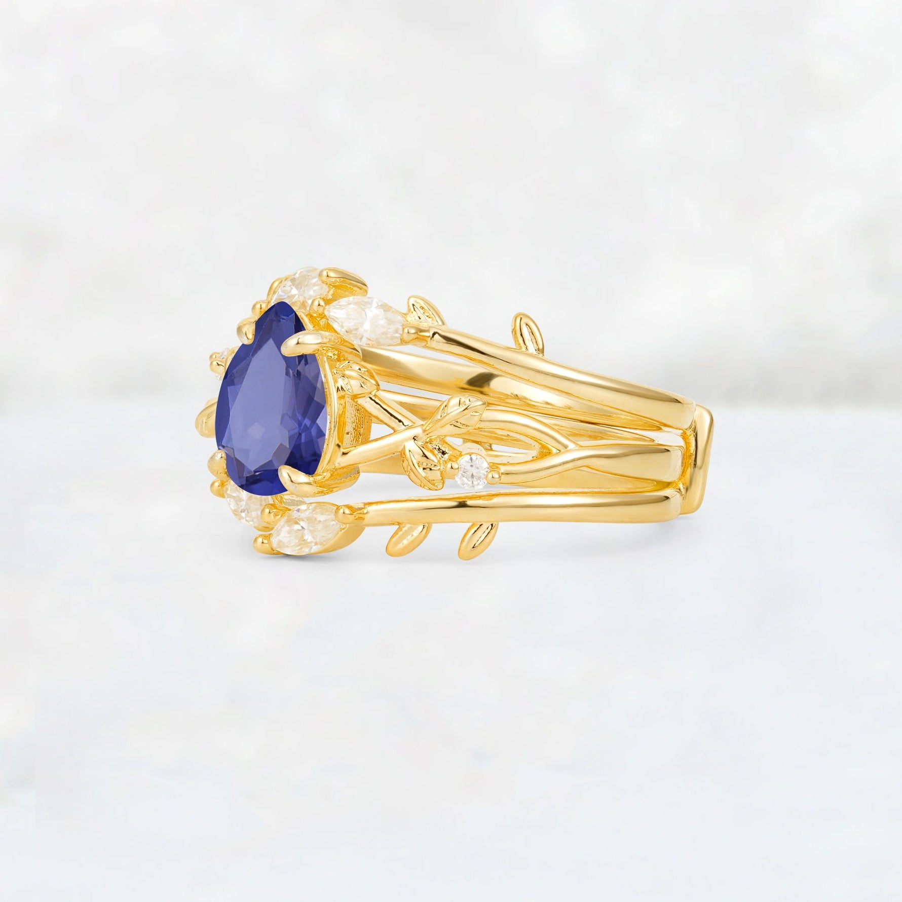 Pear Cut Tanzanite Leaf Vine Bridal Ring Set - Rose-Gold