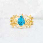 Pear Cut Turquoise Leaf Vine Bridal Ring Set - Yellow-Gold