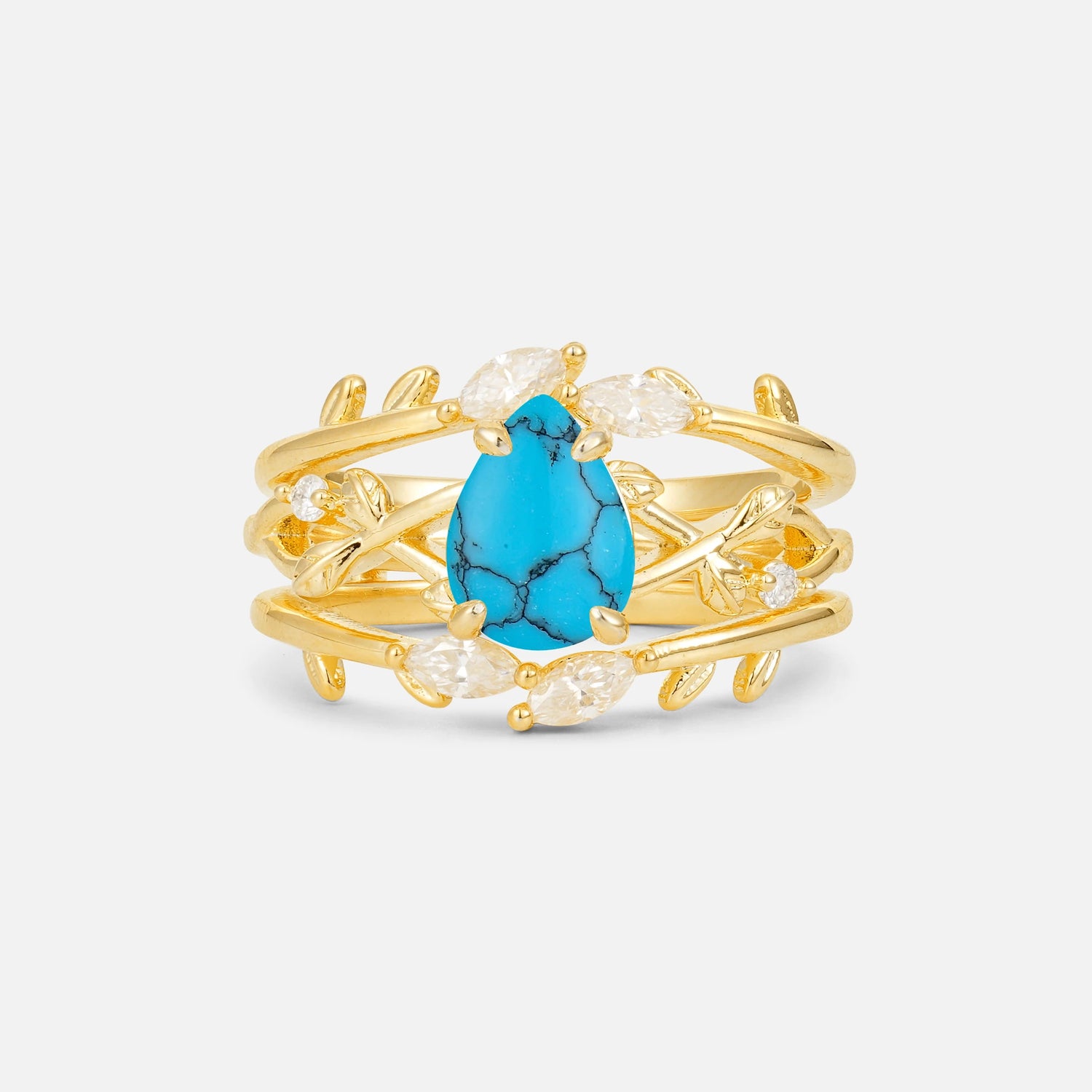 Pear Cut Turquoise Leaf Vine Bridal Ring Set - Yellow-Gold