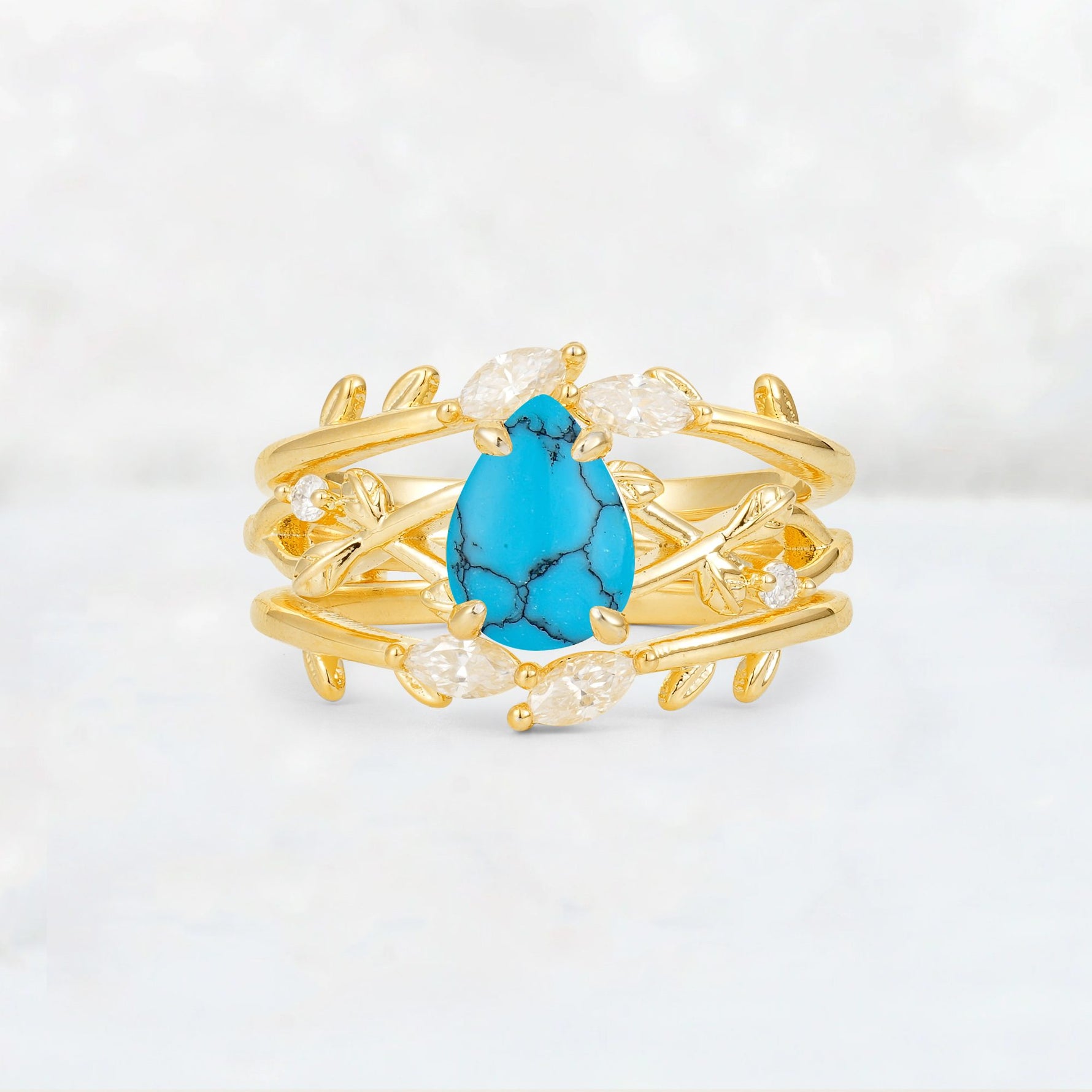 Pear Cut Turquoise Leaf Vine Bridal Ring Set - Yellow-Gold