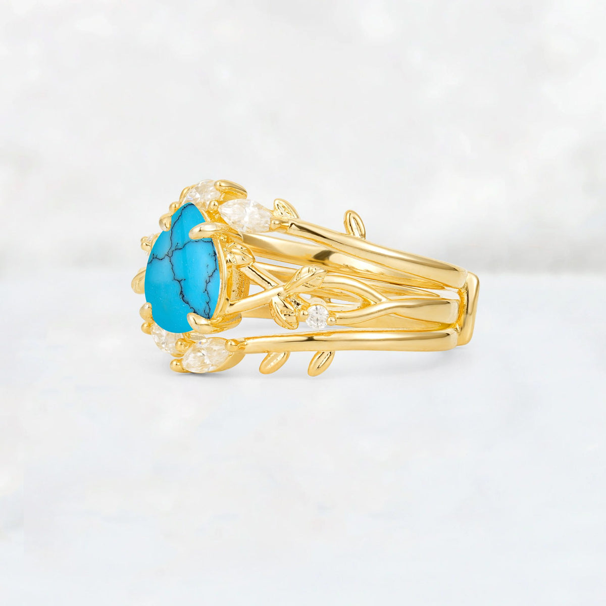 Pear Cut Turquoise Leaf Vine Bridal Ring Set - Rose-Gold