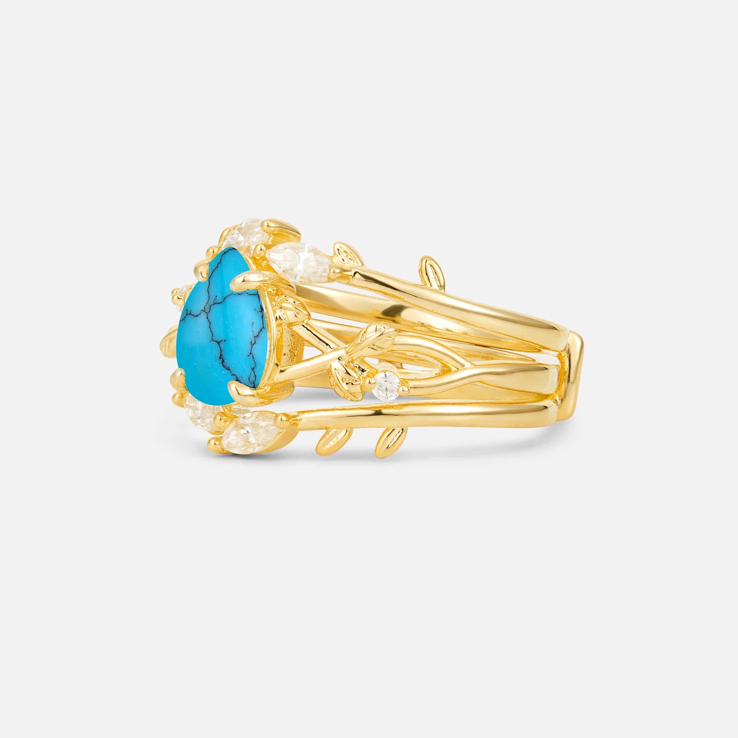 Pear Cut Turquoise Leaf Vine Bridal Ring Set - Rose-Gold