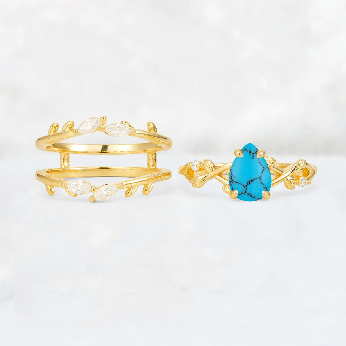 Pear Cut Turquoise Leaf Vine Bridal Ring Set - White-Gold