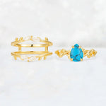 Pear Cut Turquoise Leaf Vine Bridal Ring Set - White-Gold