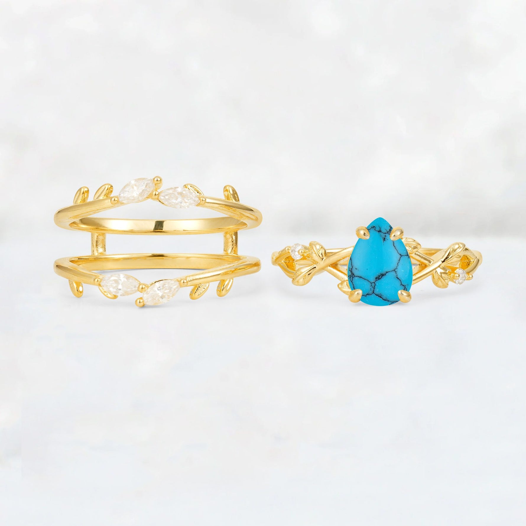 Pear Cut Turquoise Leaf Vine Bridal Ring Set - White-Gold