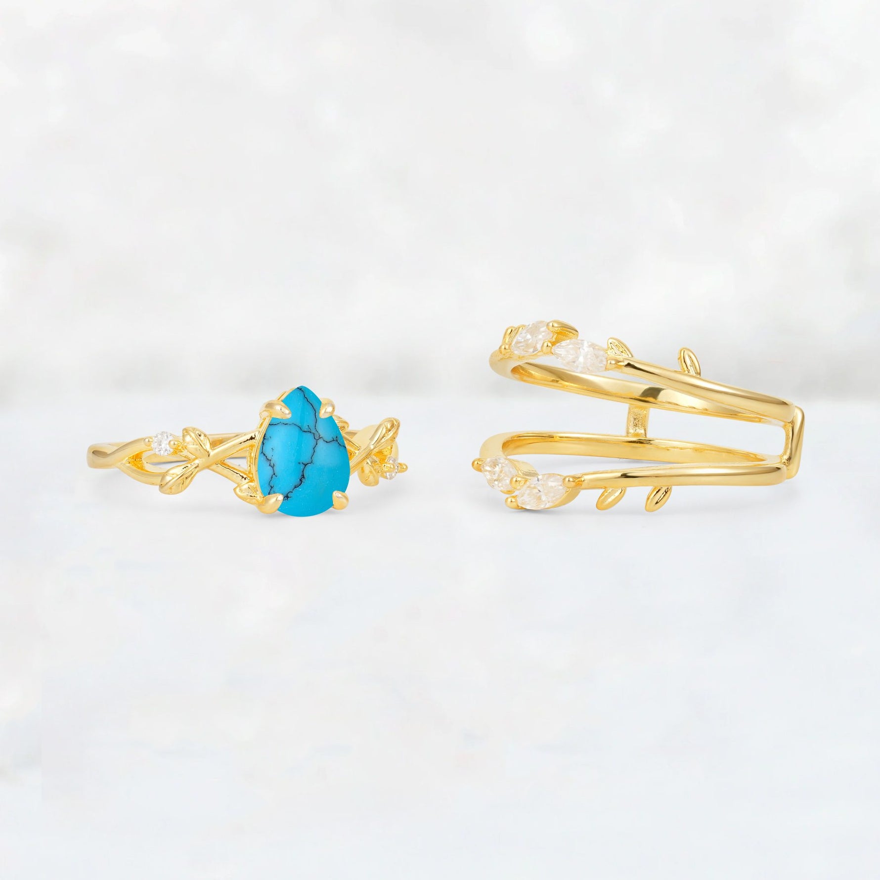 Pear Cut Turquoise Leaf Vine Bridal Ring Set - Additional view
