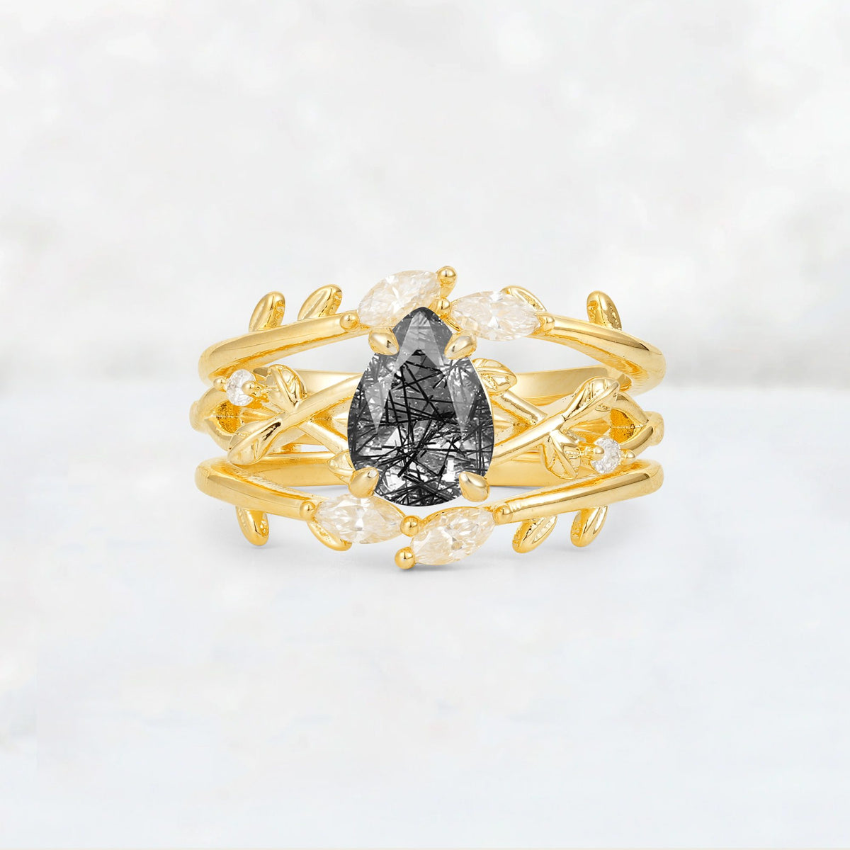 Pear Cut Black Rutilated Quartz Leaf Vine Bridal Ring Set - Yellow-Gold