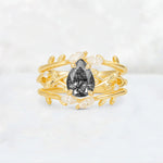 Pear Cut Black Rutilated Quartz Leaf Vine Bridal Ring Set - Yellow-Gold