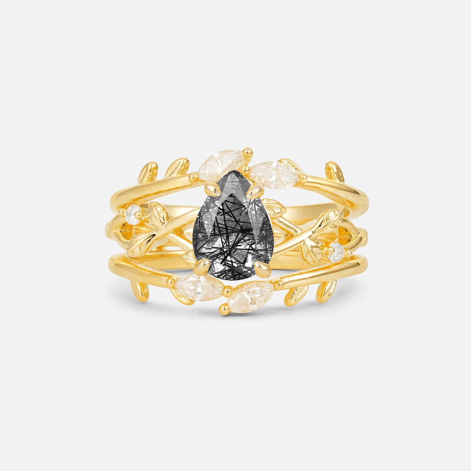 Pear Cut Black Rutilated Quartz Leaf Vine Bridal Ring Set - Yellow-Gold
