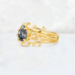 Pear Cut Black Rutilated Quartz Leaf Vine Bridal Ring Set - Rose-Gold