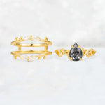 Pear Cut Black Rutilated Quartz Leaf Vine Bridal Ring Set - White-Gold