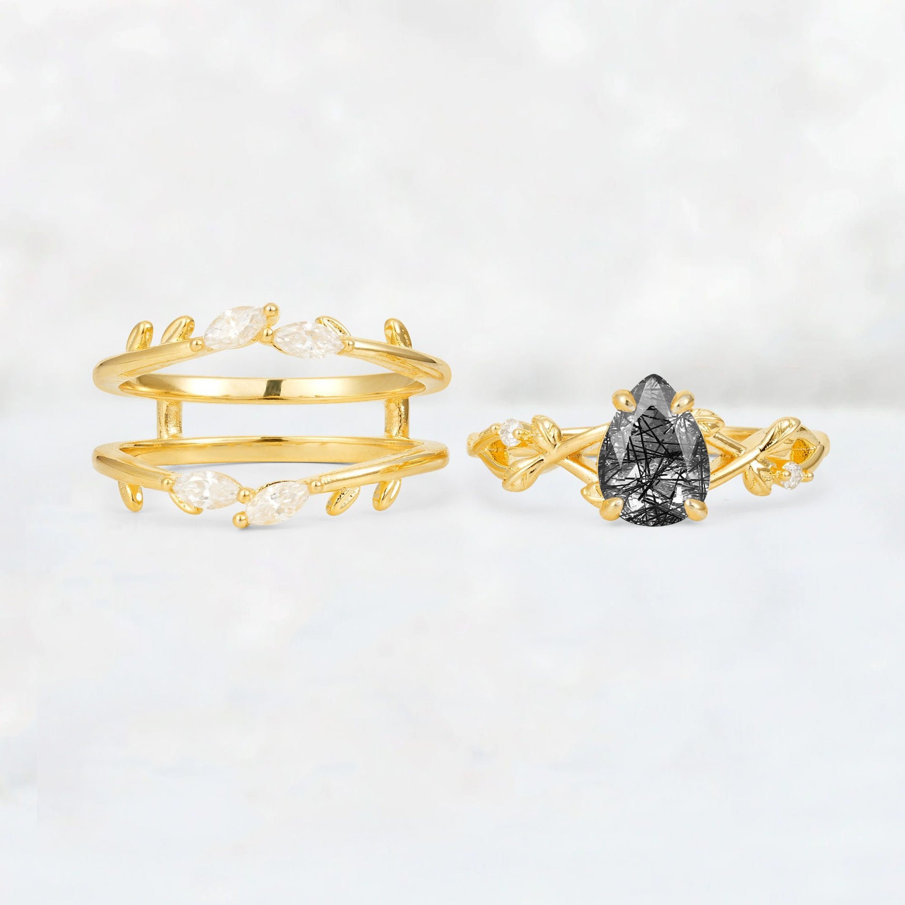 Pear Cut Black Rutilated Quartz Leaf Vine Bridal Ring Set - White-Gold