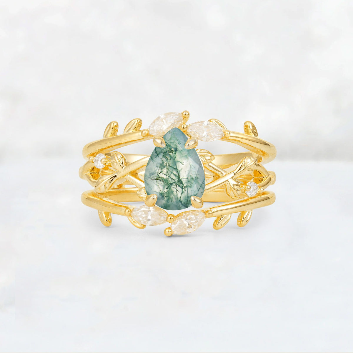 Pear Cut Moss Agate Leaf Vine Bridal Ring Set - Yellow-Gold