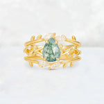 Pear Cut Moss Agate Leaf Vine Bridal Ring Set - Yellow-Gold