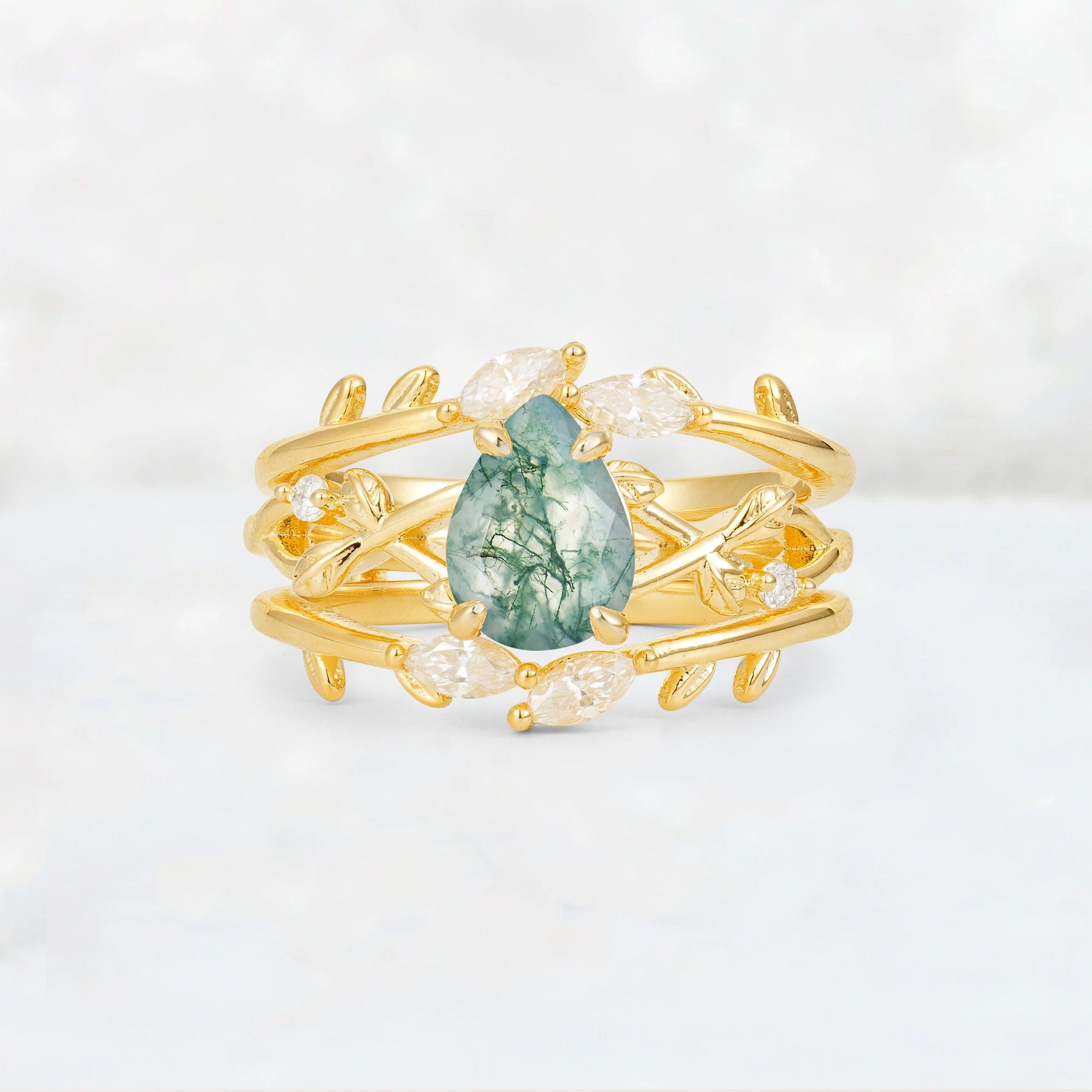 Pear Cut Moss Agate Leaf Vine Bridal Ring Set - Yellow-Gold