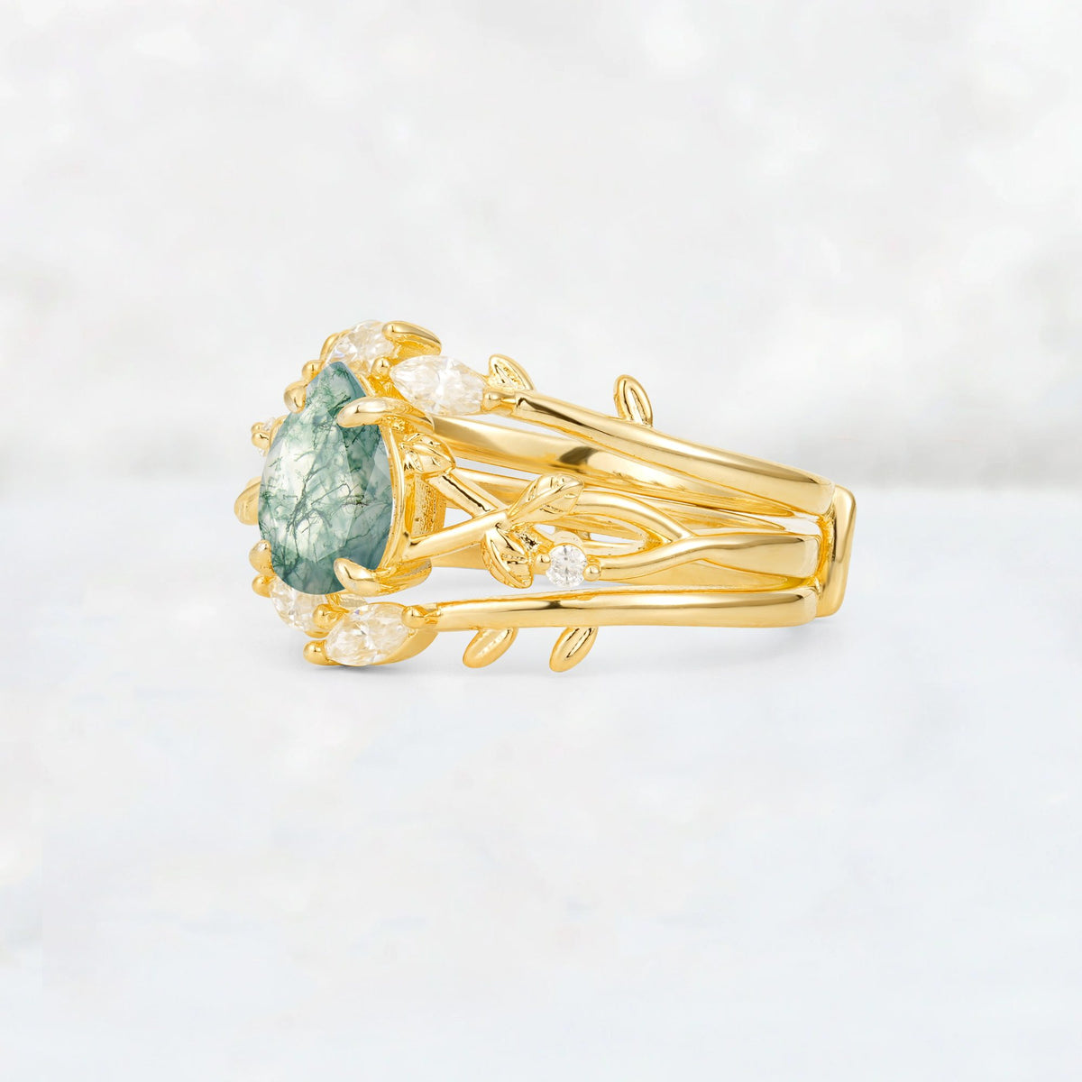 Pear Cut Moss Agate Leaf Vine Bridal Ring Set - Rose-Gold