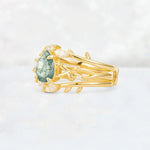 Pear Cut Moss Agate Leaf Vine Bridal Ring Set - Rose-Gold