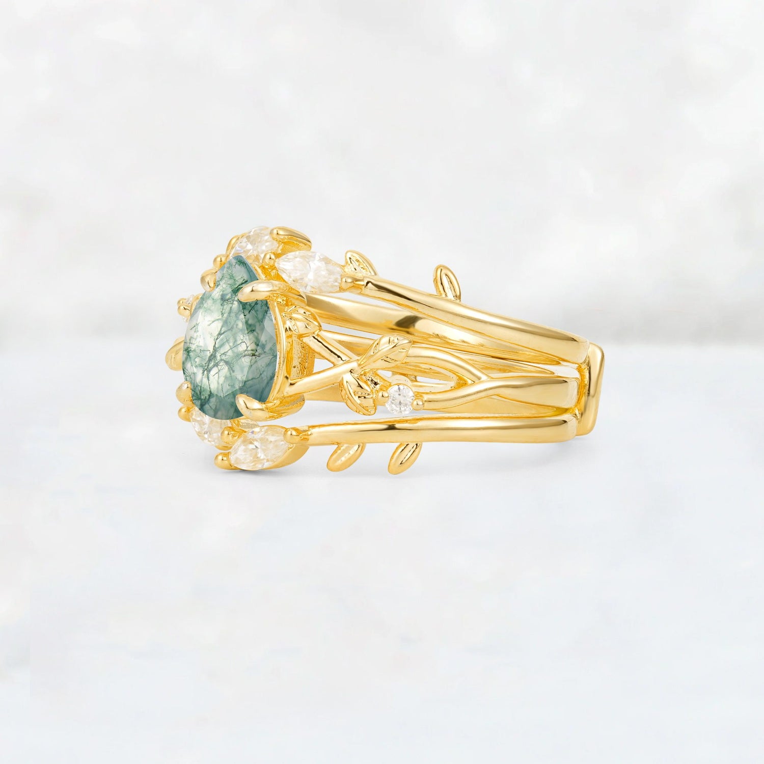 Pear Cut Moss Agate Leaf Vine Bridal Ring Set - Rose-Gold