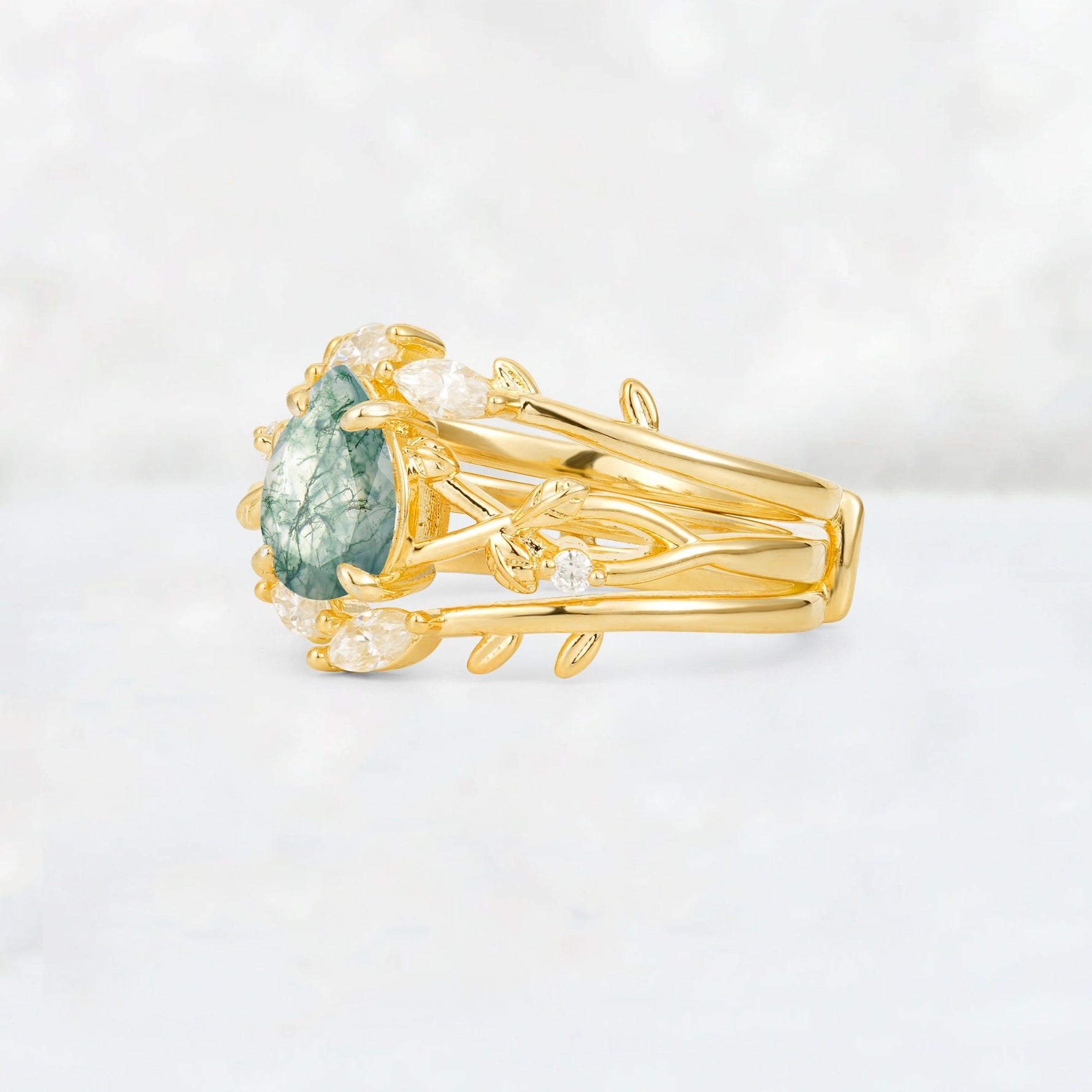 Pear Cut Moss Agate Leaf Vine Bridal Ring Set - Rose-Gold