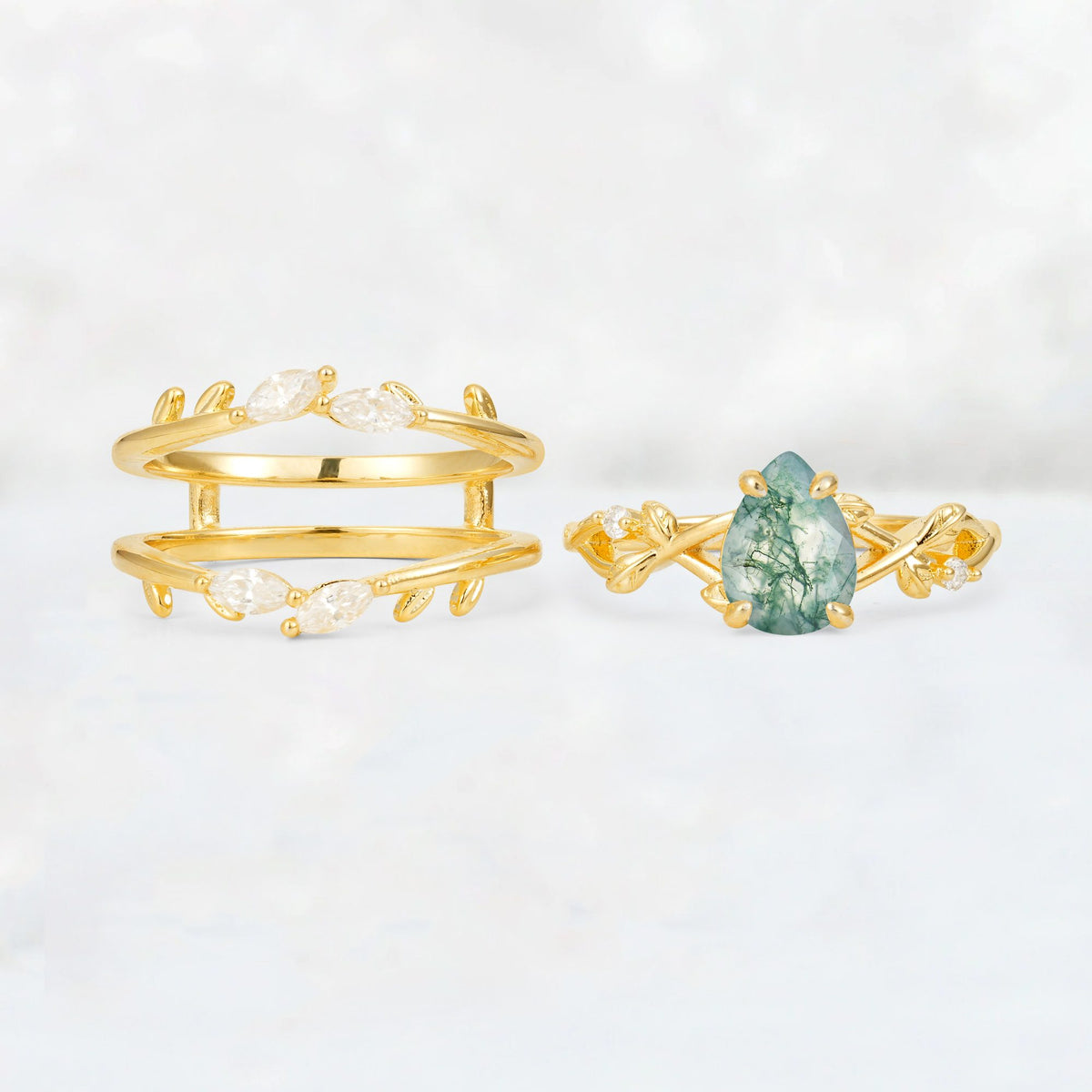 Pear Cut Moss Agate Leaf Vine Bridal Ring Set - White-Gold