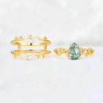Pear Cut Moss Agate Leaf Vine Bridal Ring Set - White-Gold
