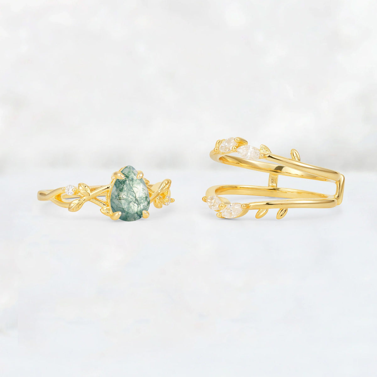 Pear Cut Moss Agate Leaf Vine Bridal Ring Set - Additional view