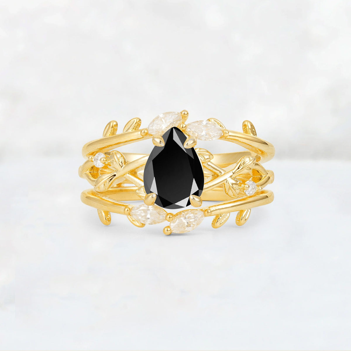 Pear Cut Black Onyx Leaf Vine Bridal Ring Set - Yellow-Gold