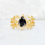 Pear Cut Black Onyx Leaf Vine Bridal Ring Set - Yellow-Gold