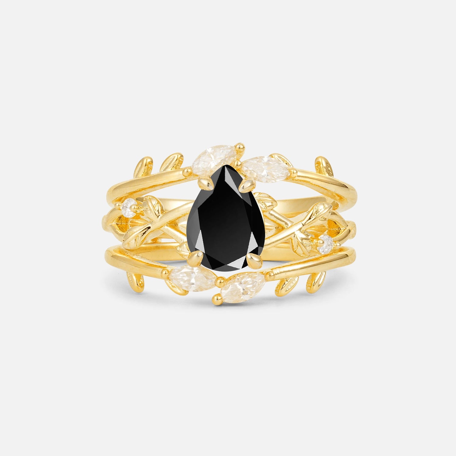 Pear Cut Black Onyx Leaf Vine Bridal Ring Set - Yellow-Gold