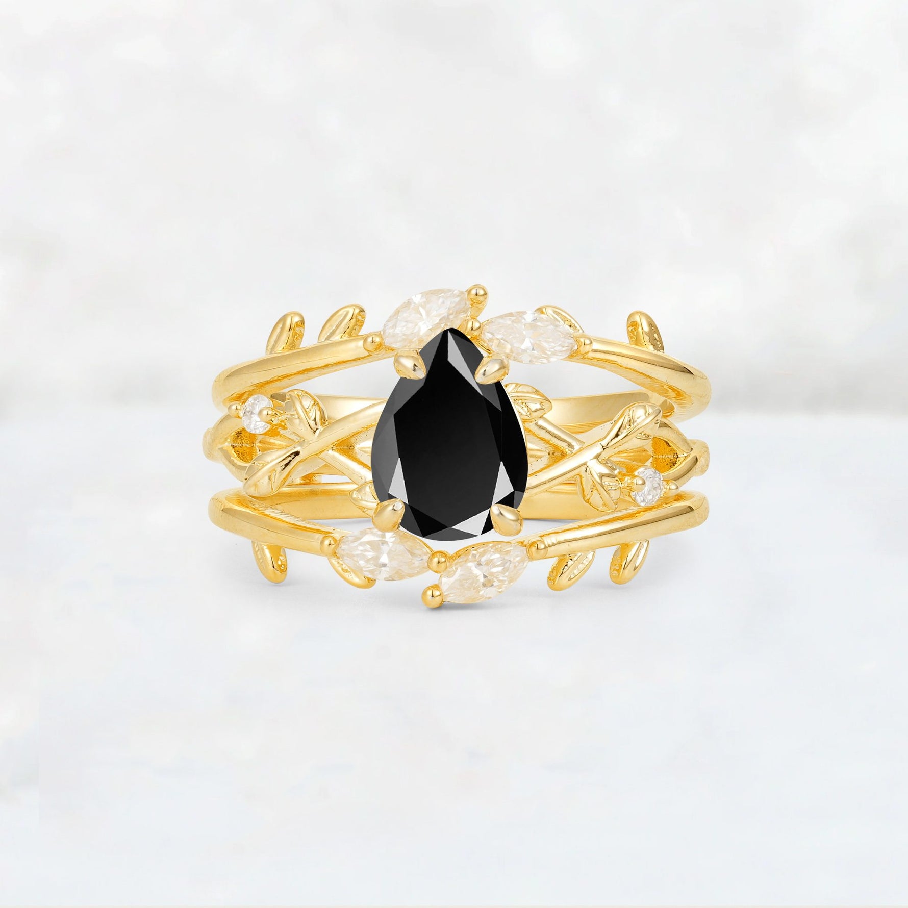 Pear Cut Black Onyx Leaf Vine Bridal Ring Set - Yellow-Gold