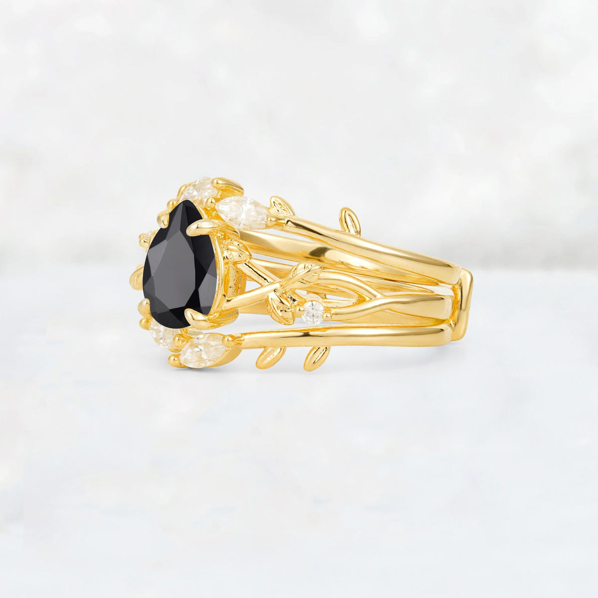 Pear Cut Black Onyx Leaf Vine Bridal Ring Set - Rose-Gold