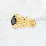 Pear Cut Black Onyx Leaf Vine Bridal Ring Set - Rose-Gold