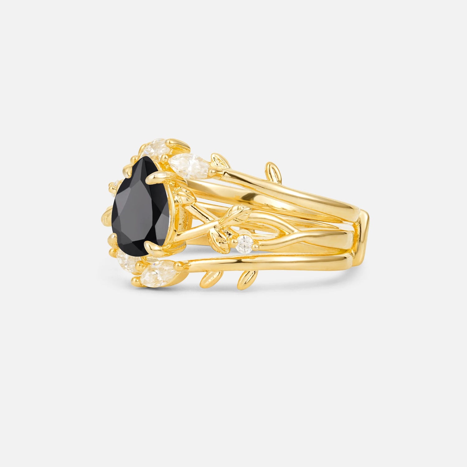 Pear Cut Black Onyx Leaf Vine Bridal Ring Set - Rose-Gold