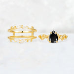 Pear Cut Black Onyx Leaf Vine Bridal Ring Set - White-Gold