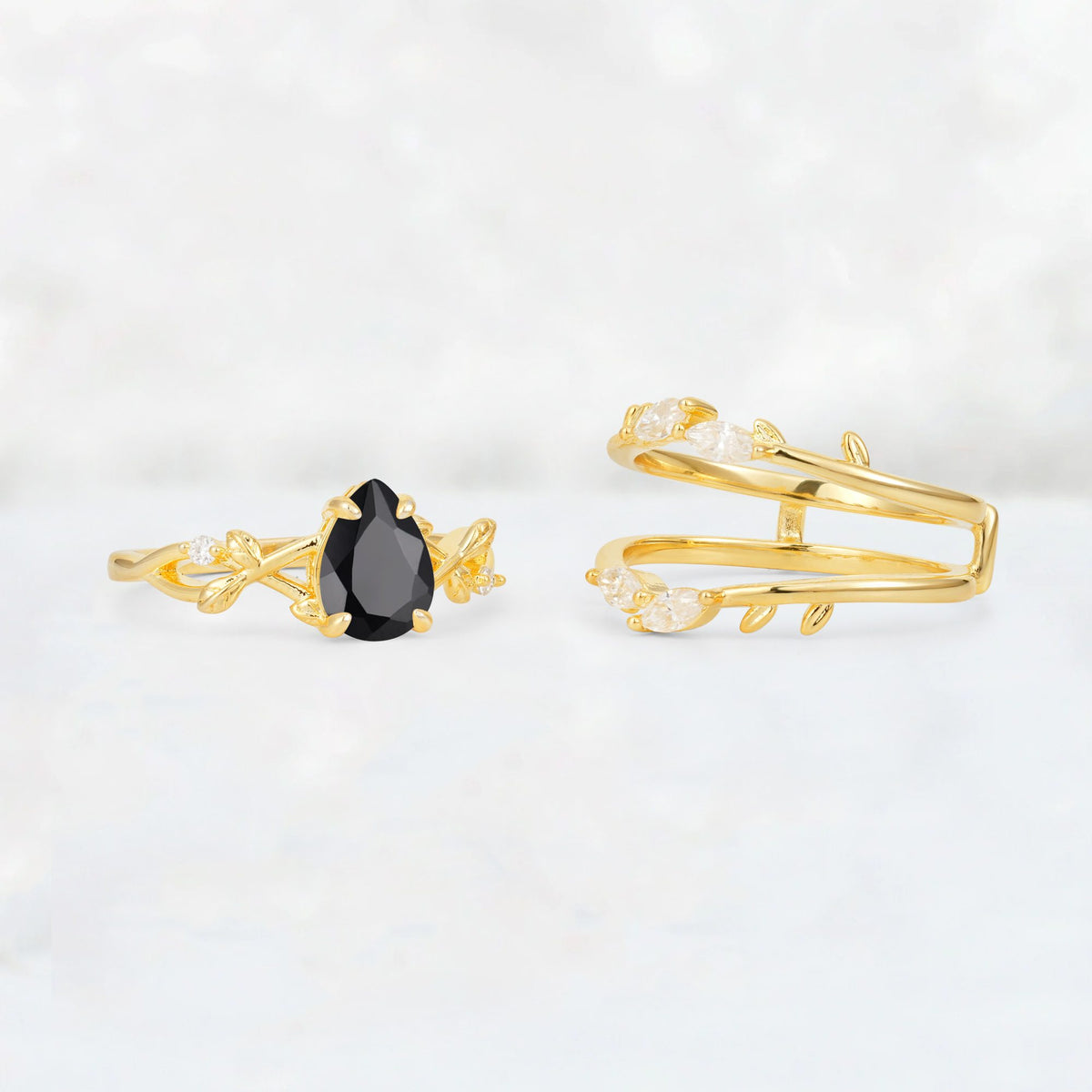 Pear Cut Black Onyx Leaf Vine Bridal Ring Set - Additional view