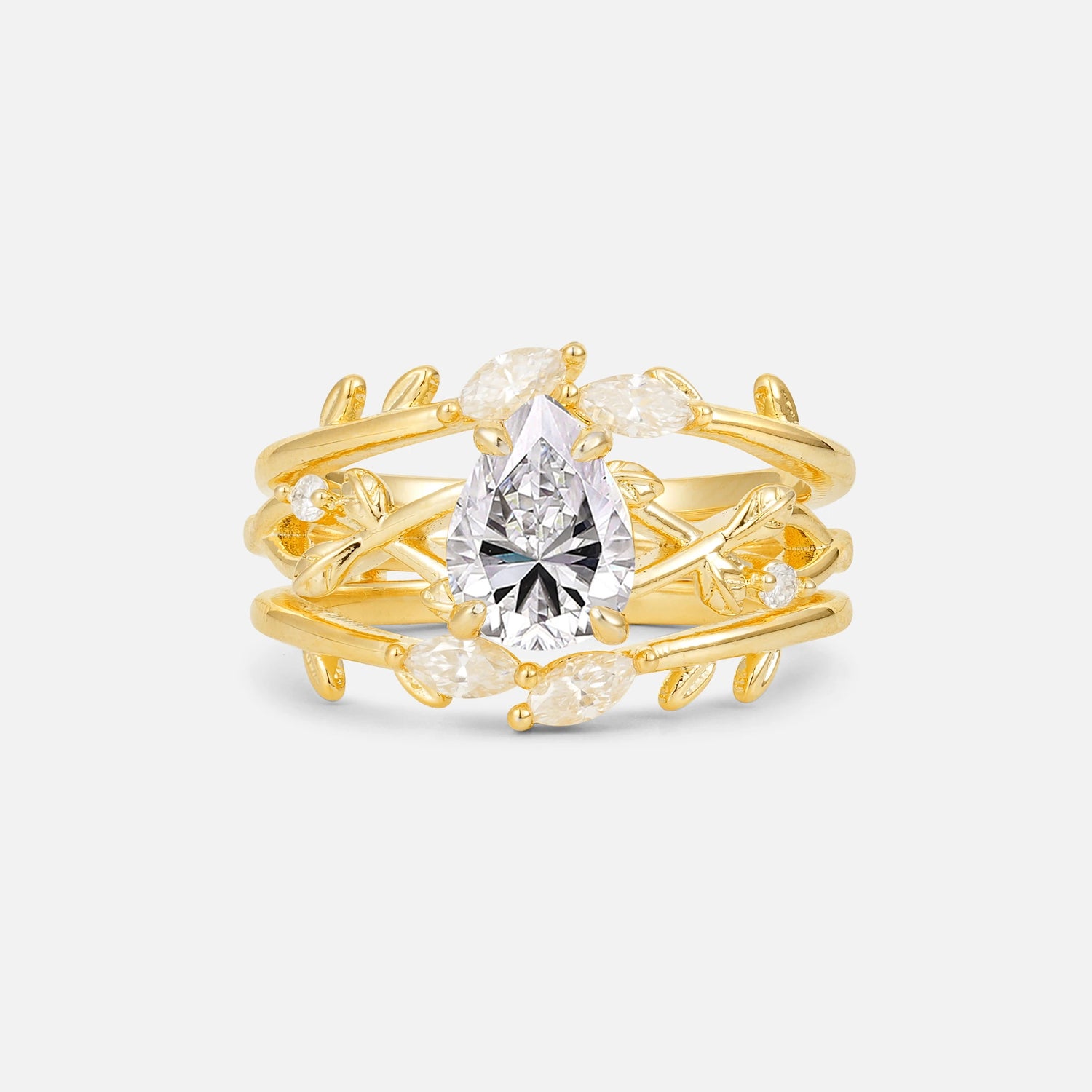 Pear Cut Lab Diamond Leaf Vine Bridal Ring Set - Yellow-Gold