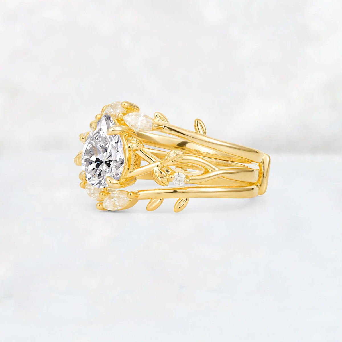 Pear Cut Lab Diamond Leaf Vine Bridal Ring Set - Rose-Gold