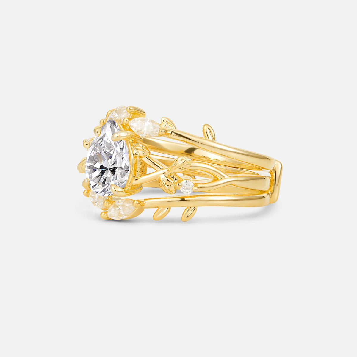 Pear Cut Lab Diamond Leaf Vine Bridal Ring Set - Rose-Gold