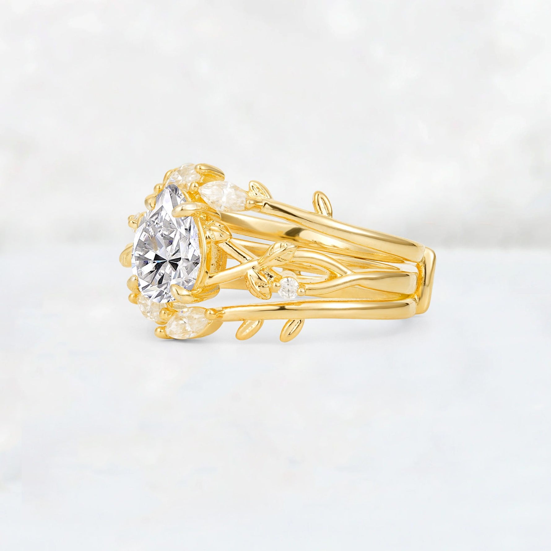 Pear Cut Lab Diamond Leaf Vine Bridal Ring Set - Rose-Gold