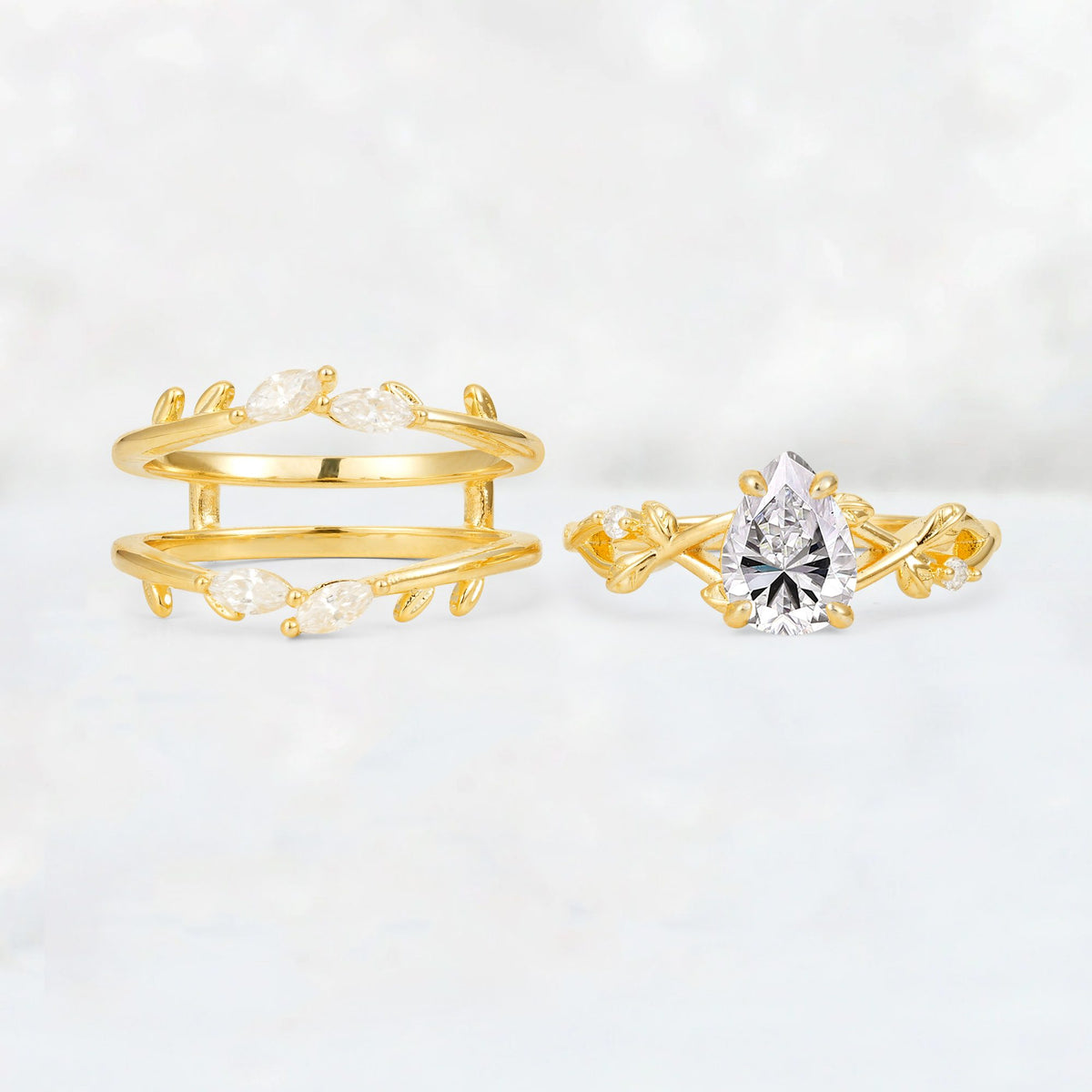 Pear Cut Lab Diamond Leaf Vine Bridal Ring Set - White-Gold