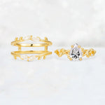 Pear Cut Lab Diamond Leaf Vine Bridal Ring Set - White-Gold