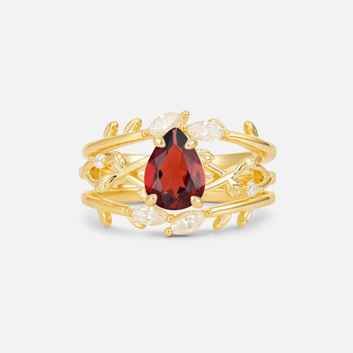 Pear Cut Garnet Leaf Vine Bridal Ring Set - Yellow-Gold